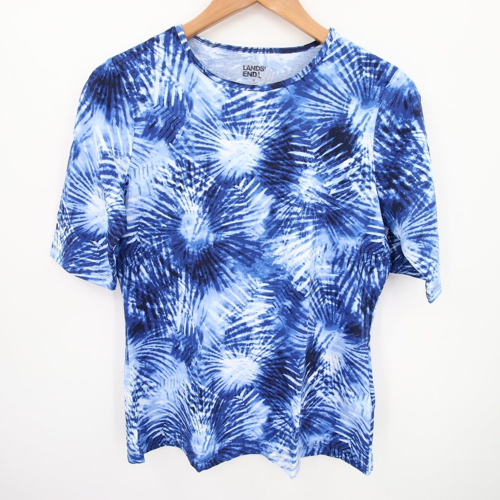 Lands End Rash Guard Size Small Blue Tie Dye Pattern Short Sleeve Swim Top NWT
